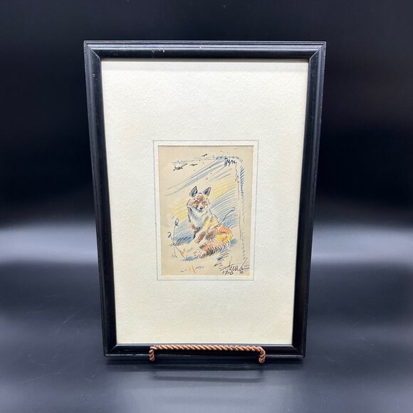Handmade Other - Antique Ink Colored Pencil Drawing Fox Wooden Frame Signed Original Artwork 1906